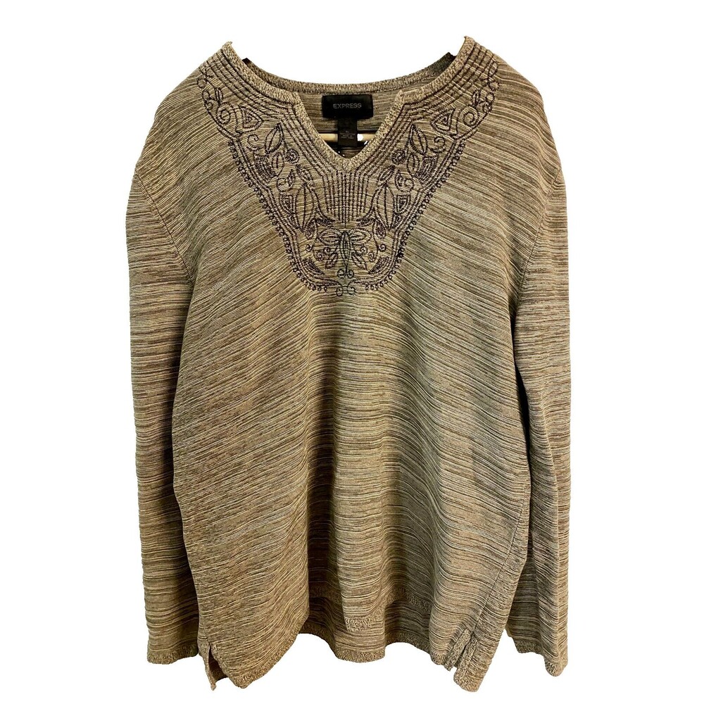 Express Tunic Heavy Weave XL Tan/Brown Aztec Design Front 100% Cotton HOBO